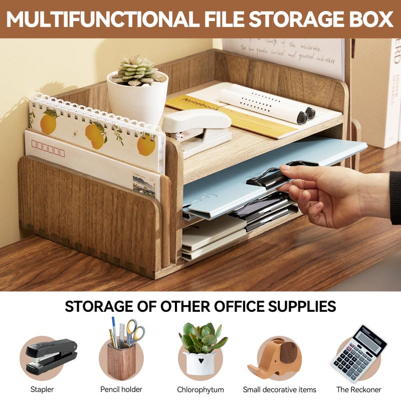 KIRIGEN Wood Desk Organizer 5 Trays - Desktop Document Letter Tray for Folders, Mail,File -Nature 3-Tier Office Mail Sorter Organizer Rack/Telephone Stand/Document Holder Dark Brown(2TP-DBR) - Image 2